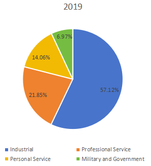 不同应用领域收入市场份额（%）（2019年）