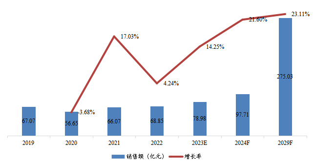 华东地区人造空心玻璃微珠销售额（亿元）及增长率 (2019-2029年)