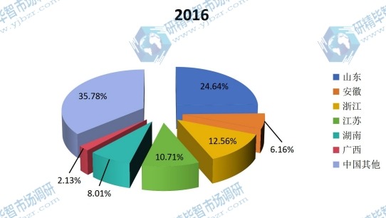 中国不同地区2016年双氧水消费量市场份额