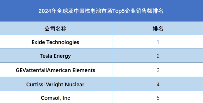 2024年全球及中国核电池市场Top5企业销售额排名