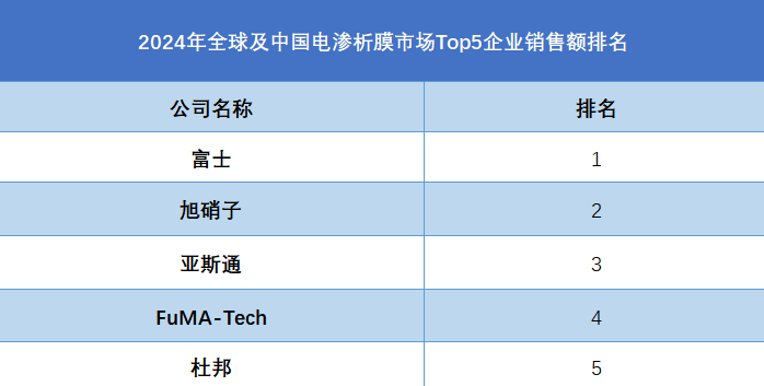 2024年全球及中国电渗析膜市场Top5企业销售额排名