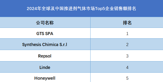 2024年全球及中国推进剂气体市场Top5企业销售额排名