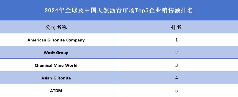 2024年全球及中国天然沥青市场Top5企业销售额排名